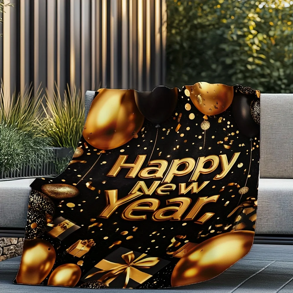 Golden New Year Throw, Black Base Champagne Design, Plush Flannel for Celebrations, Luxury Festive Accent Piece