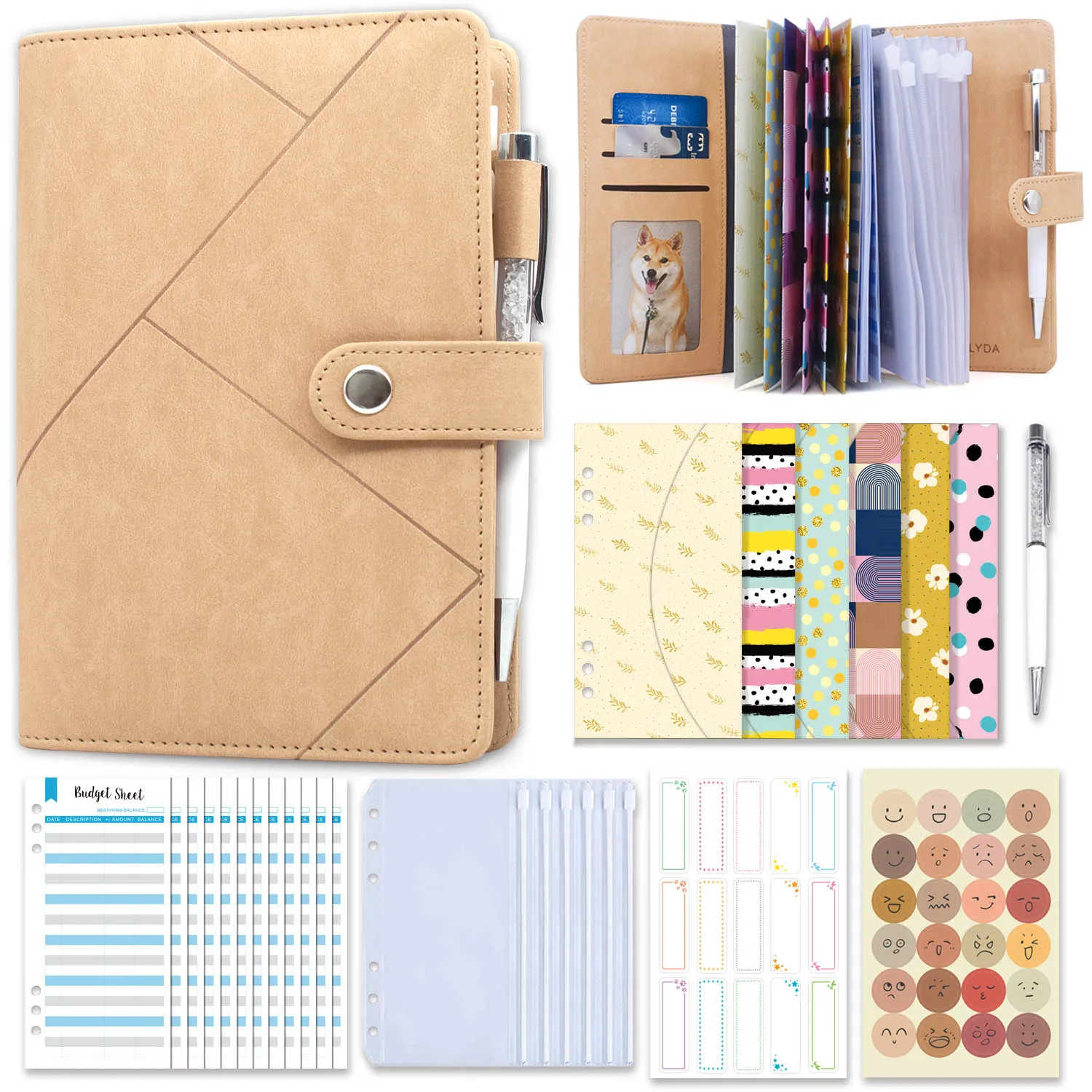 Budget Binder with Zipper Envelopes, Cash Envelopes with Budget Sheets, PVC Pockets, Cash Envelopes, Stickers & Pen