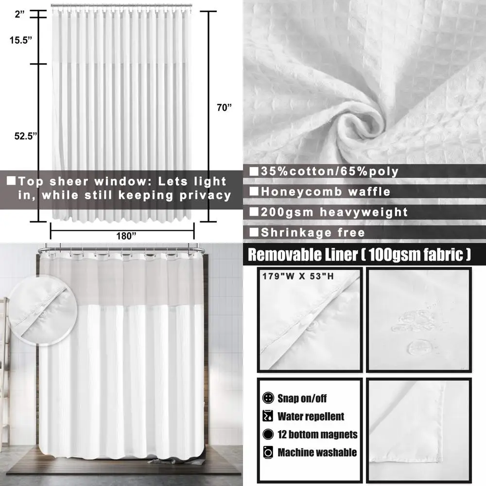 

Шторка для душа Clawfoot Tub с вставной подкладкой, 180 x 70, вафельное переплетение, моющаяся, из смесового хлопка, белая