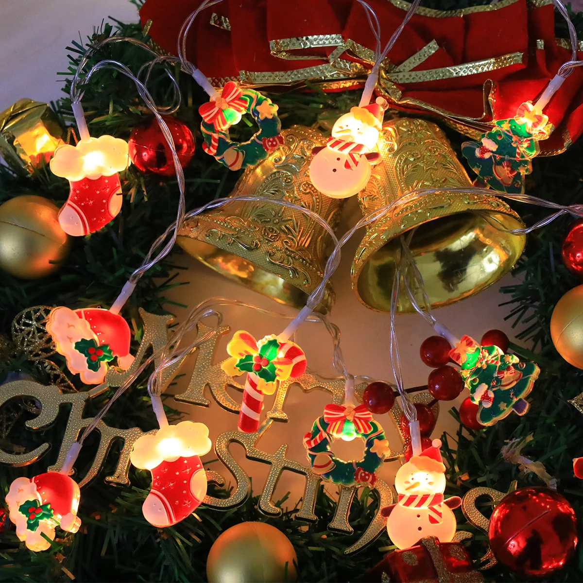 Guirlande lumineuse LED de noël, avec père noël/bonhomme de neige/canne à bonbons/bas de noël/designs de flocons de neige, pour fête de noël/intérieur/arbre