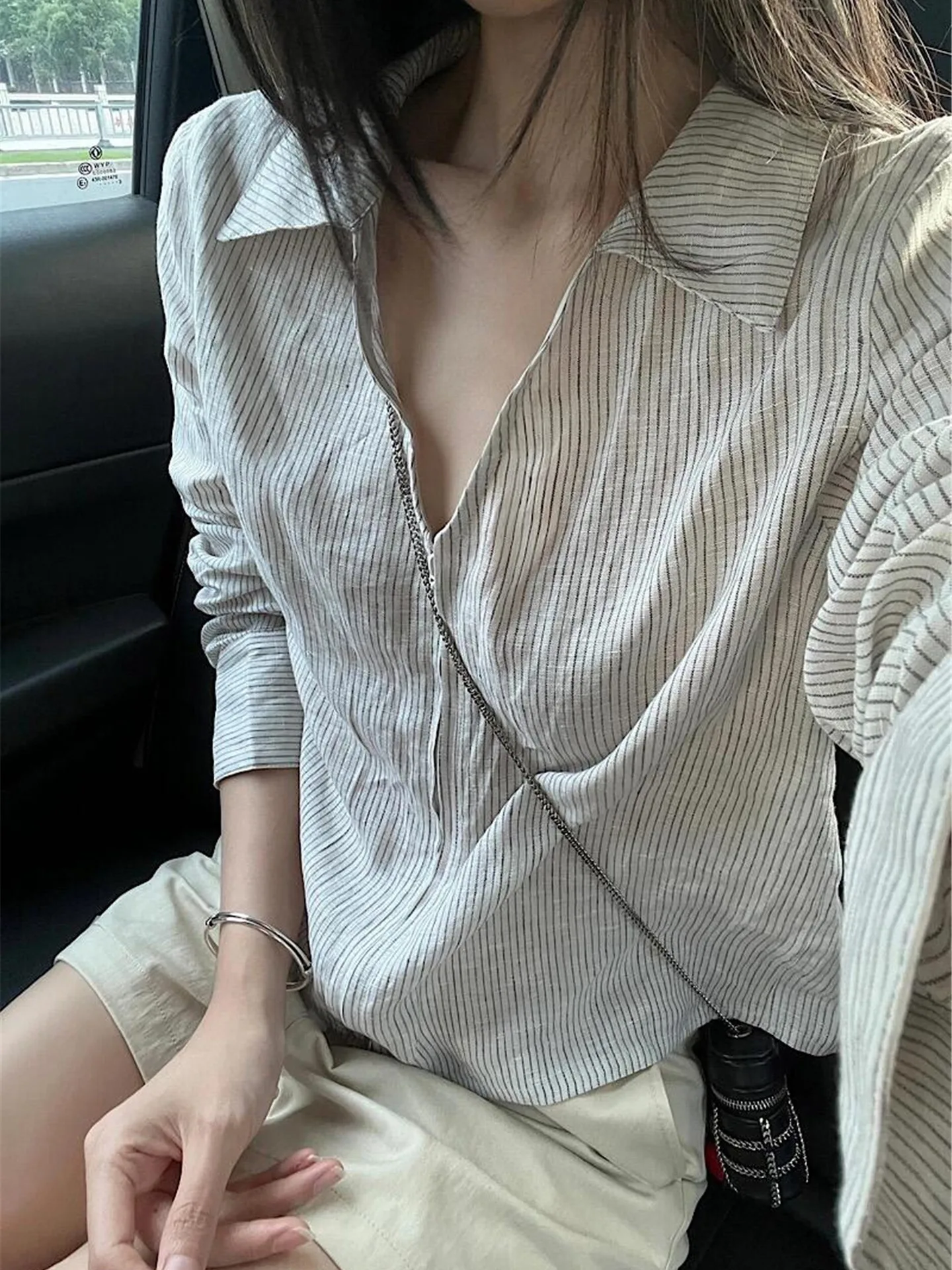 Korean Design V-Neck Striped Shirt Women Summer Thin Casual Loose Personality Blouse Top Loose Fit Long Sleeve Regular Length