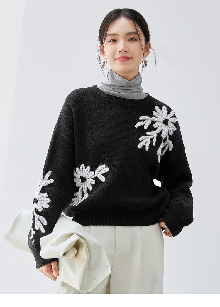 SENTUBILA Casual Embroidery Knitted Pullovers for Women 2024 Winter Loose Fit Spliced O Neck Long Sleeve Women Tops W44E57163