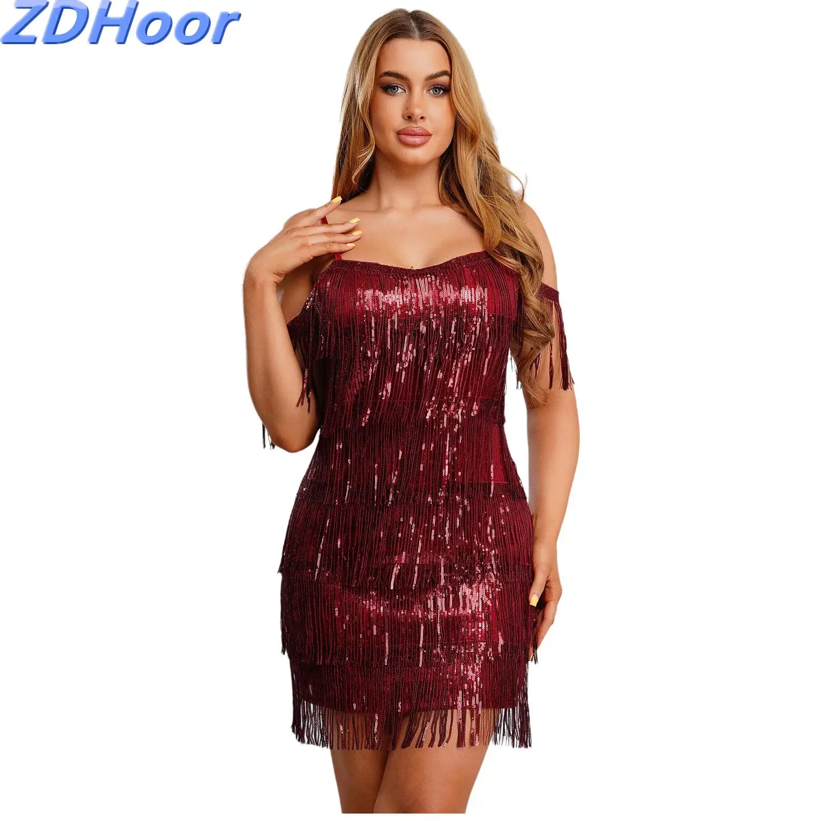 

Womens Glittery Sequins Dance Dress Tiered Tassel Spaghetti Shoulder Straps Mini Dress for Cha-cha Proms Latin Tango Disco Club