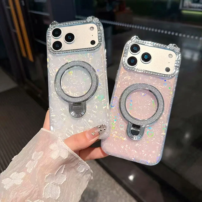 

Phone Case For iPhone 17 16 15 14 13 12 11 Pro Max Plus New INS Rhinestone Love Shell Pattern Magnetic Bracket Protective Cover