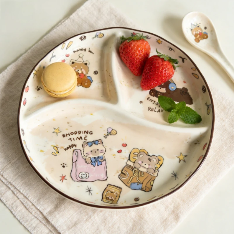 New Arrival Hand Pinched Dachshund Pocket Bear Plates Three Grid Divided Dishes Fat Reduction Cartoon Anime Student Meal Plates