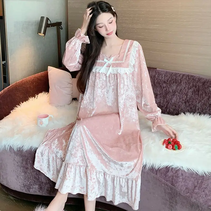 

Solid Color Cute Nightgown Lace Autumn Winter New Home Wear Pajamas Sleepwear for Women Dresses Clothing Sleep Night Dress Midi
