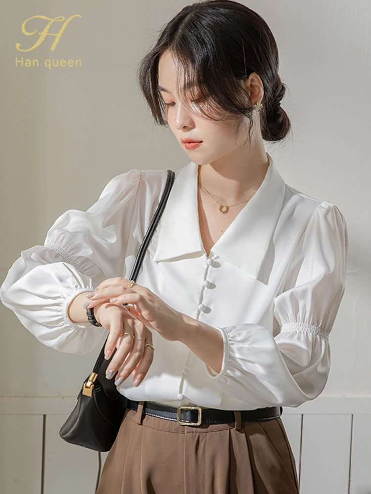 

H Han Queen New 2025 Elegant Vintage Shirt Chiffon Profession Satin Lantern Sleeves Casual Loose Women Blouses Office Lady Tops