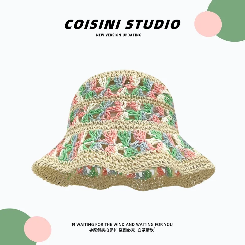 Mori Colored Hollow Flowers Woven Bucket Hats for Women Spring Summer Seaside Holiday Sun Protection Versatile Fresh Sun Hat