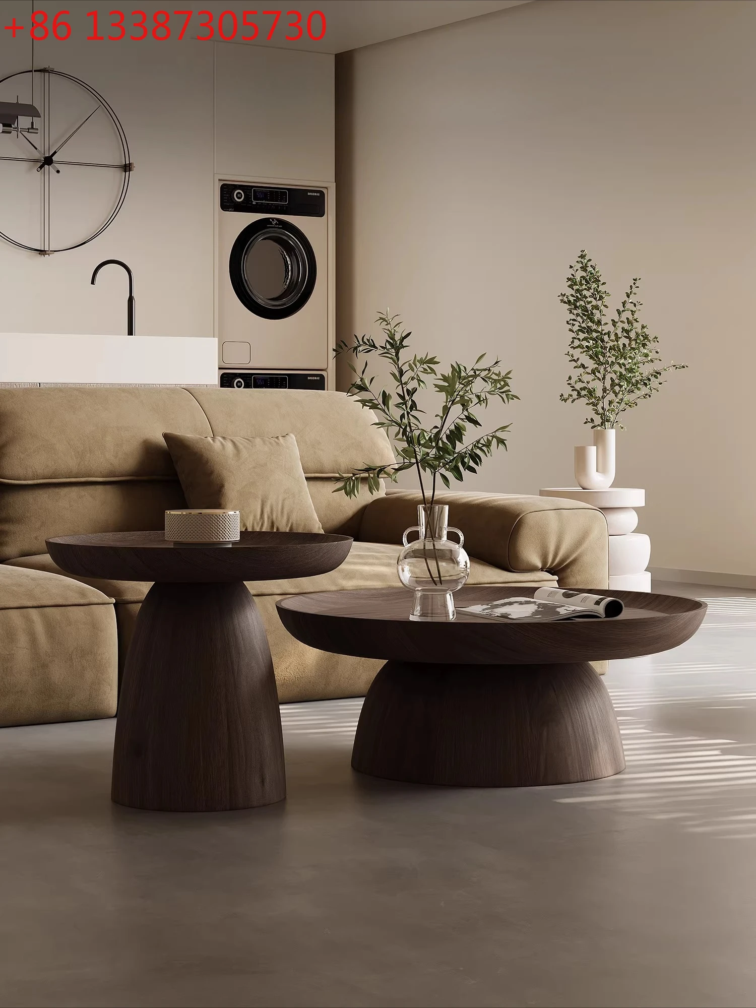 

Wabi-sabi coffee table combination round household living room small apartment walnut