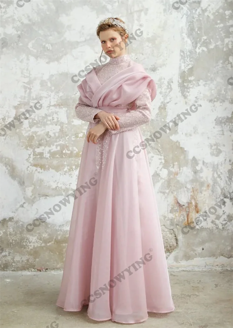 

Long Sleeve Hijab Muslim Evening Dresses Organza Sequin Beaded Islamic Formal Party Gowns Women Arabic Kafan Robes De Soirée