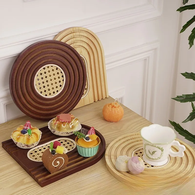 Creative new rattan water ripple solid wood insulation pad two-in-one tray household tea table breakfast tea set