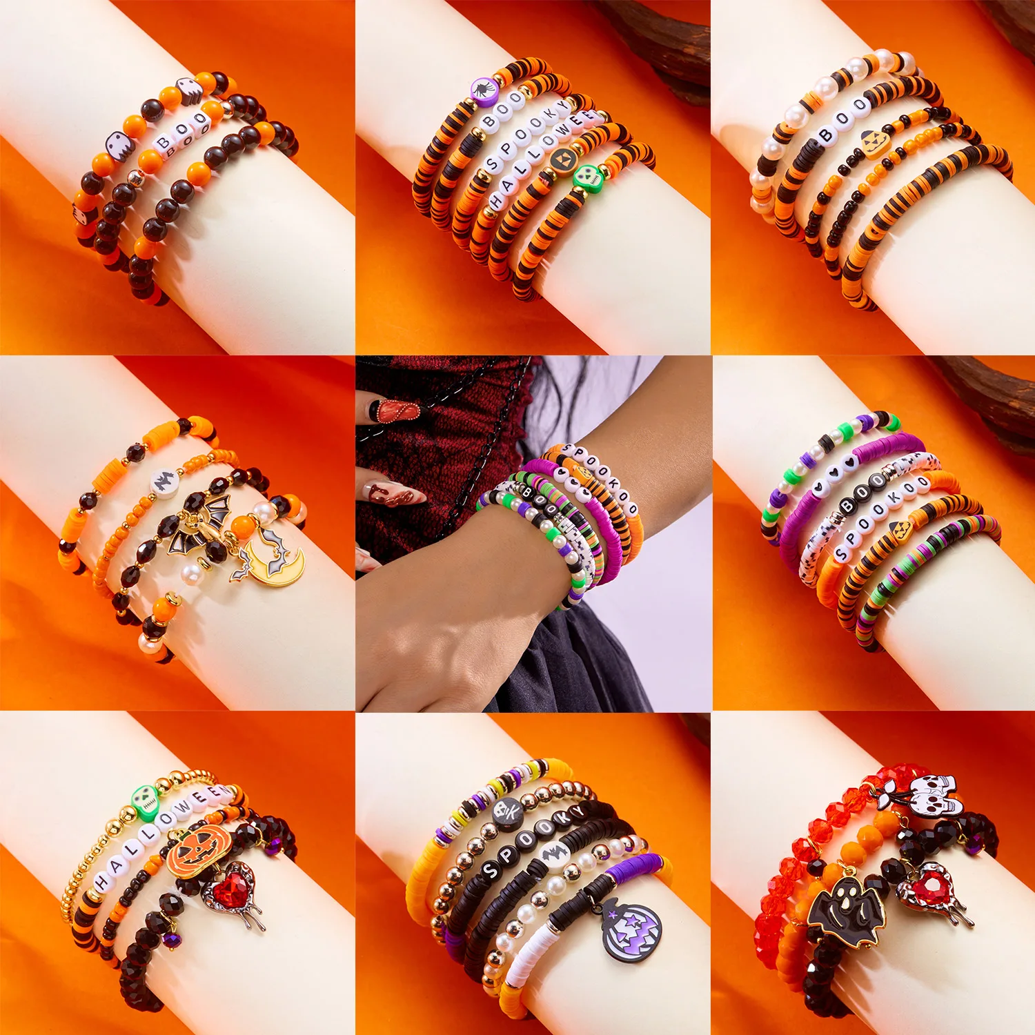 

Halloween Gothic Ghost Skull Bat Bracelets for Women Handmade Polymer Clay Beaded Spider Pumpkin Pendant Bracelet Party Jewelry