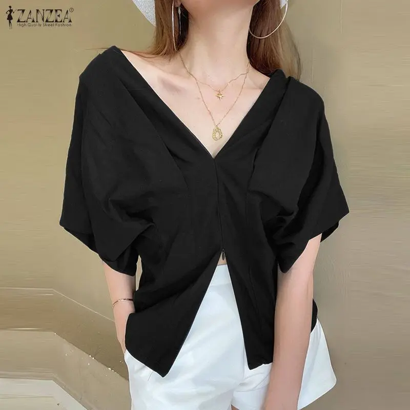 

ZANZEA Stylish Summer Blouse 2026 Women V Neck Short Sleeve Waisted Tops Tunic Elegant Solid OL Work Shirt Zipper Up Hem Blusas
