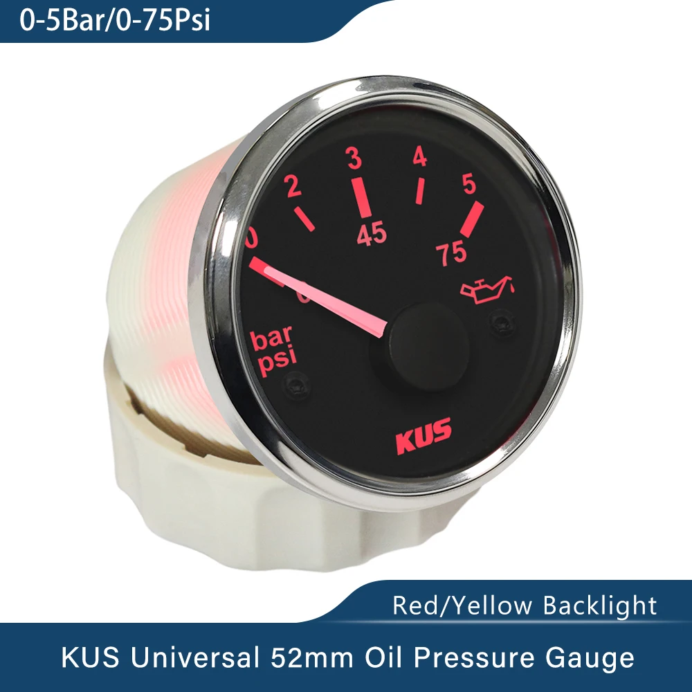 New KUS Boat Car Oil Fuel Pressure Gauge Meter 0-5 0-10 Bar with Red/Yellow Backlight 12V 24V 52mm(2\