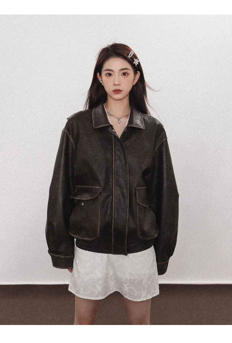 Lautaro Spring Autumn Cool Handsome Soft Vintage Distressed Brown Pu Leather Jacket Women Long Sleeve Luxury Designer Clothing