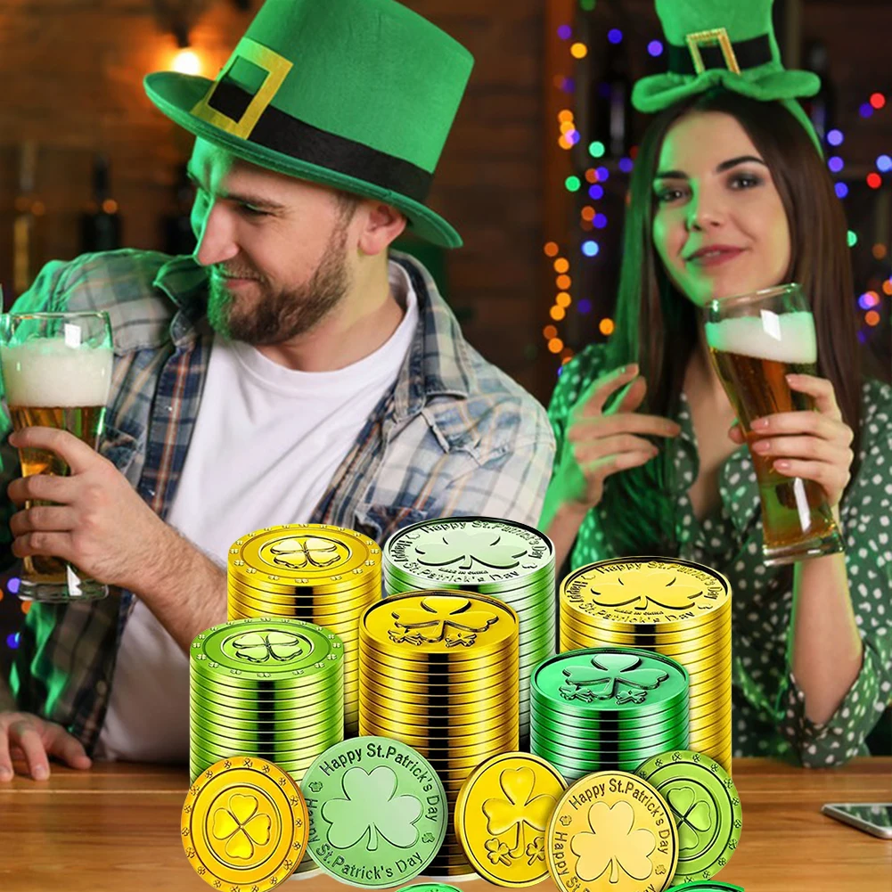 50 قطعة/100 قطعة الأيرلندية الأخضر البرسيم عملة لعبة هدية عيد القديس باتريك عملات محظوظة الأخضر والذهبي عملات محظوظة لديكور عيد القديس باتريك