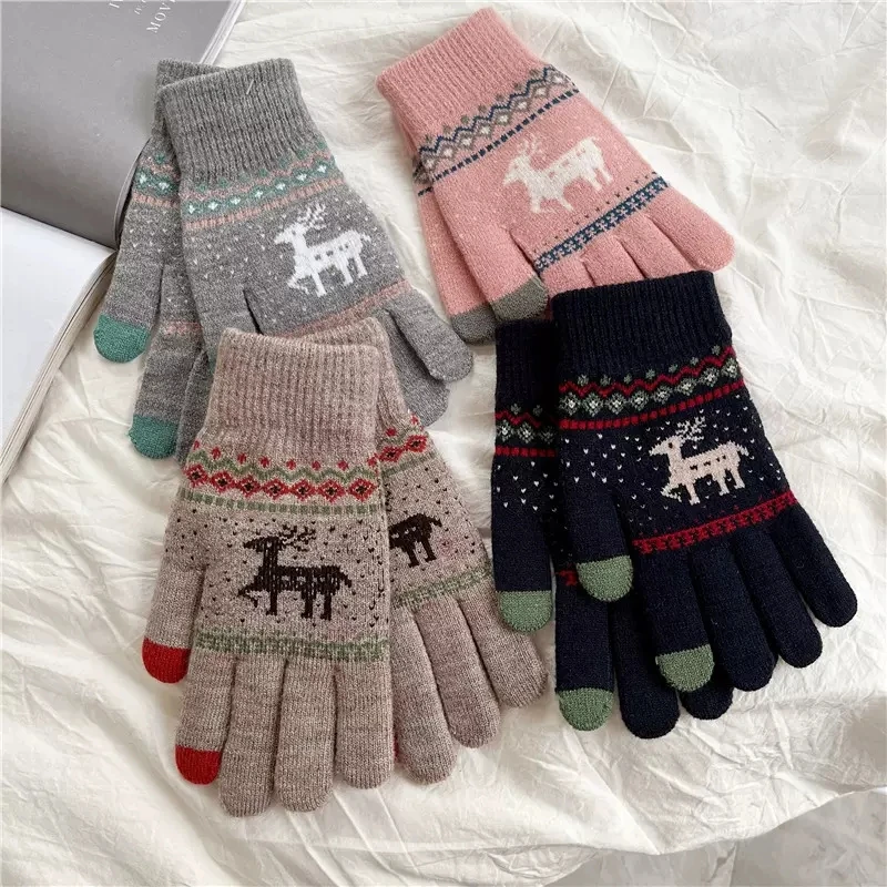 

Christmas Thickened Knitted Gloves for Women Girl TouchingScreen Fashion Deer Pattern Sweet Lovely Winter Warm Wool Gloves Gifts