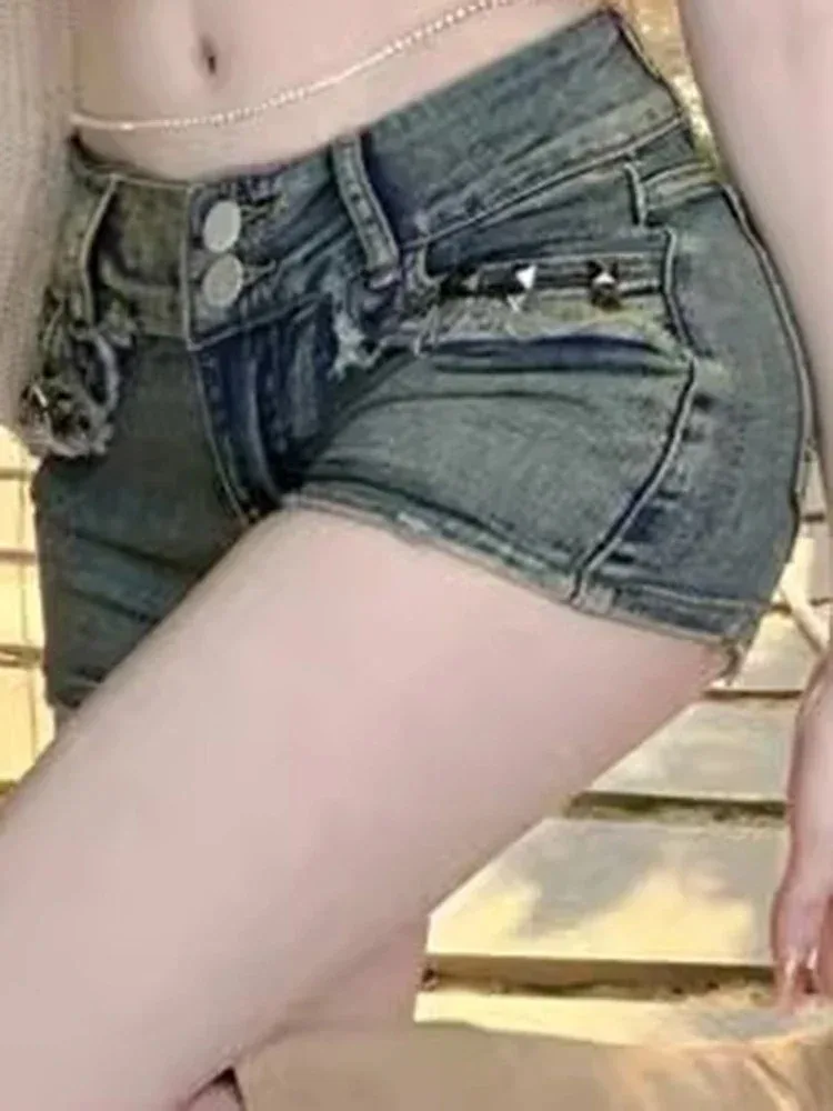Pantaloncini coreani retrò Y2k da donna Pantaloni Lady Vintage High Street Hot Pants Jeans corti all'anca avvolti elastici a vita bassa blu femminile