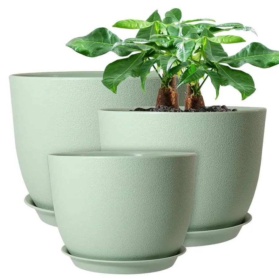 

12 10 9 Large Modern Plant Pots, Plastic Planters with Drainage Holes and Saucers for Indoor Outdoor Plants Flowers, Green