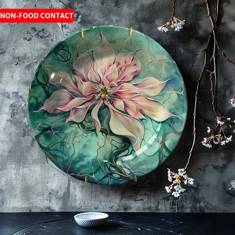 1pc rosa floral com folhas verdes placa decorativa de cerâmica redonda arte de parede decoração suspensa para sala de estar decoração de casa não-alimento