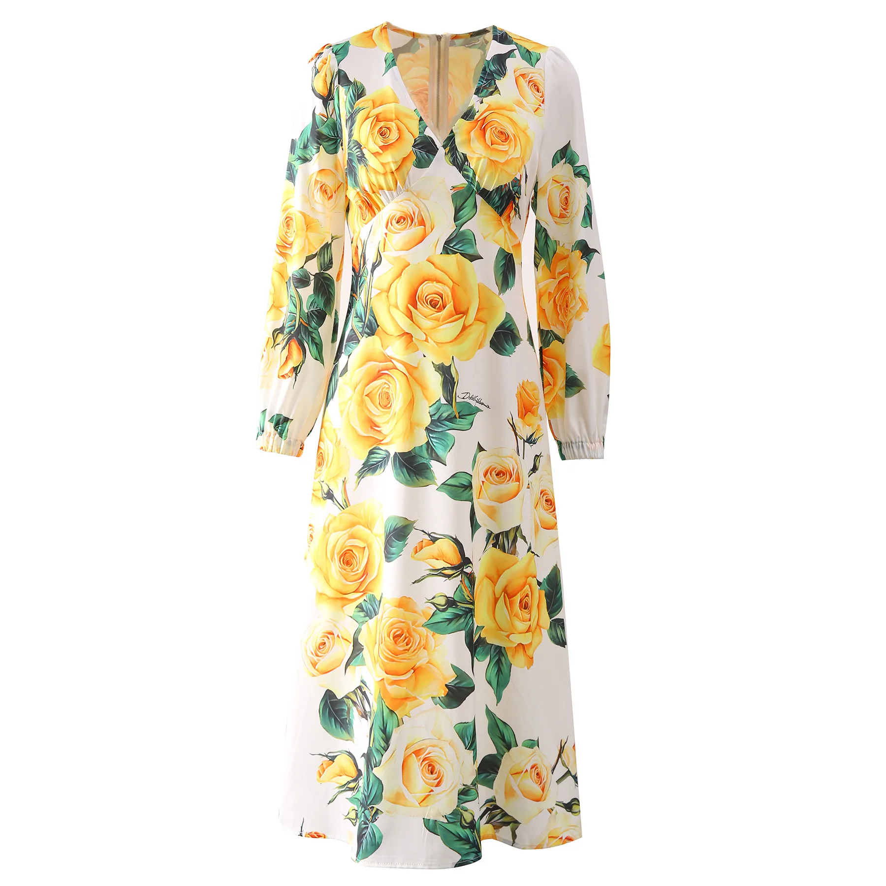 

2024 New Fashion Long Dress Women V-Neck Lantern Sleeve Yellow Rose Flower Print Elegant Romantic Party Holiday Vestidos
