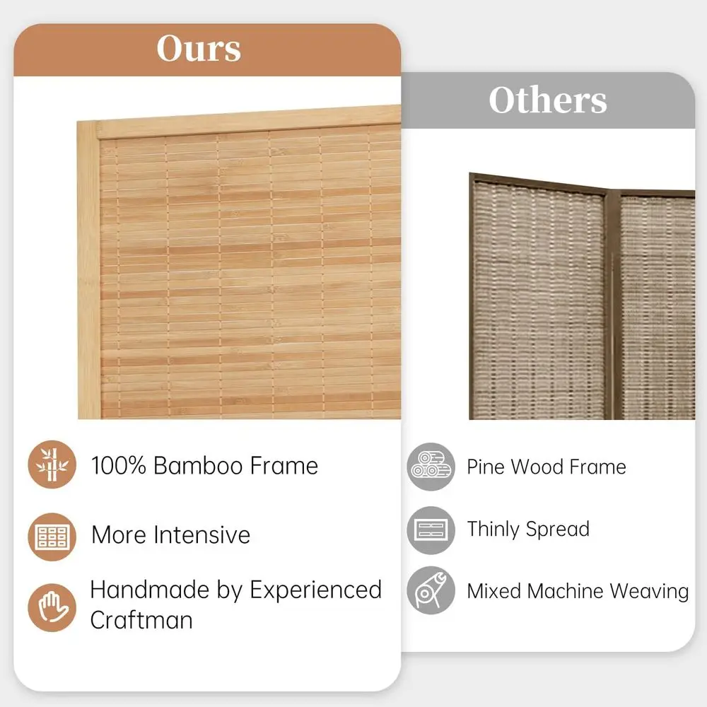 Handcrafted Bamboo 4-Panel Room Divider, 67''H x 70.8''W, Portable Privacy Screen