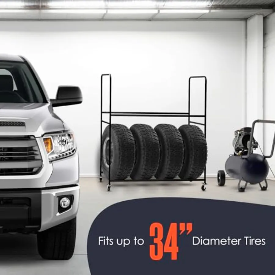 Tire Rack for Garage, Metal, Black, Rolling with Locking Casters, Height Adjustable 26.5-34.5, Fits Up To 10 Wheels, 63 x 60 x view 5