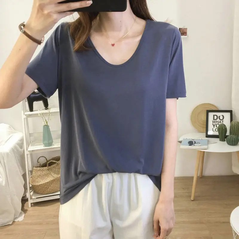 반팔 티셔츠 여성 브이넥 가볍고 부드러운 솔리드 엄마 편안한 올 매치 스트리트웨어 우아한 한국 스타일 패션 신상품