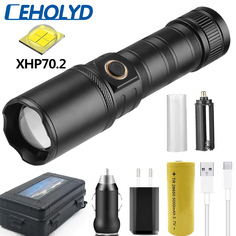 Led Flashlight XHP70.2 500000LM Torch For Camping Hunting Light Aluminum Alloy Waterproof Lantern Type-C USB Power 26650 Battery