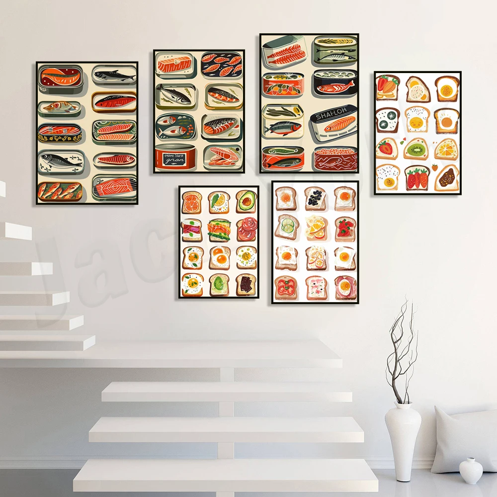 Sardines can print, Italian food, toast breakfast, avocado toast, food ingredients print, food art, vintage kitchen decor poster