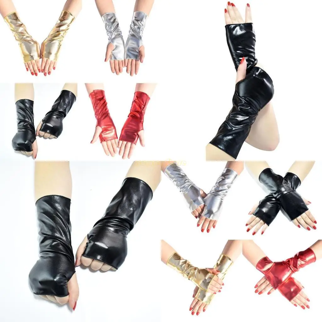 

31BF изысканный готический платье без пальцев в перчатки панк -перчатки глянцевые кожа короткие перчатки для Рождества на