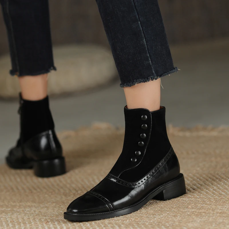 Hot Square Toe Women Boots Winter Rivet Buckle ZIP Brogues Retro Short Boots Thick Heel Ankle Boots Fashion Flock Women Shoes