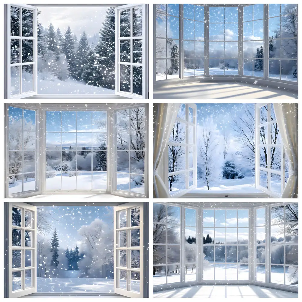 

Winter Snow Window Photography Backdrops Wonderland Snowflake White Window Forest Blue Sky Background Decor Photo Studio Props