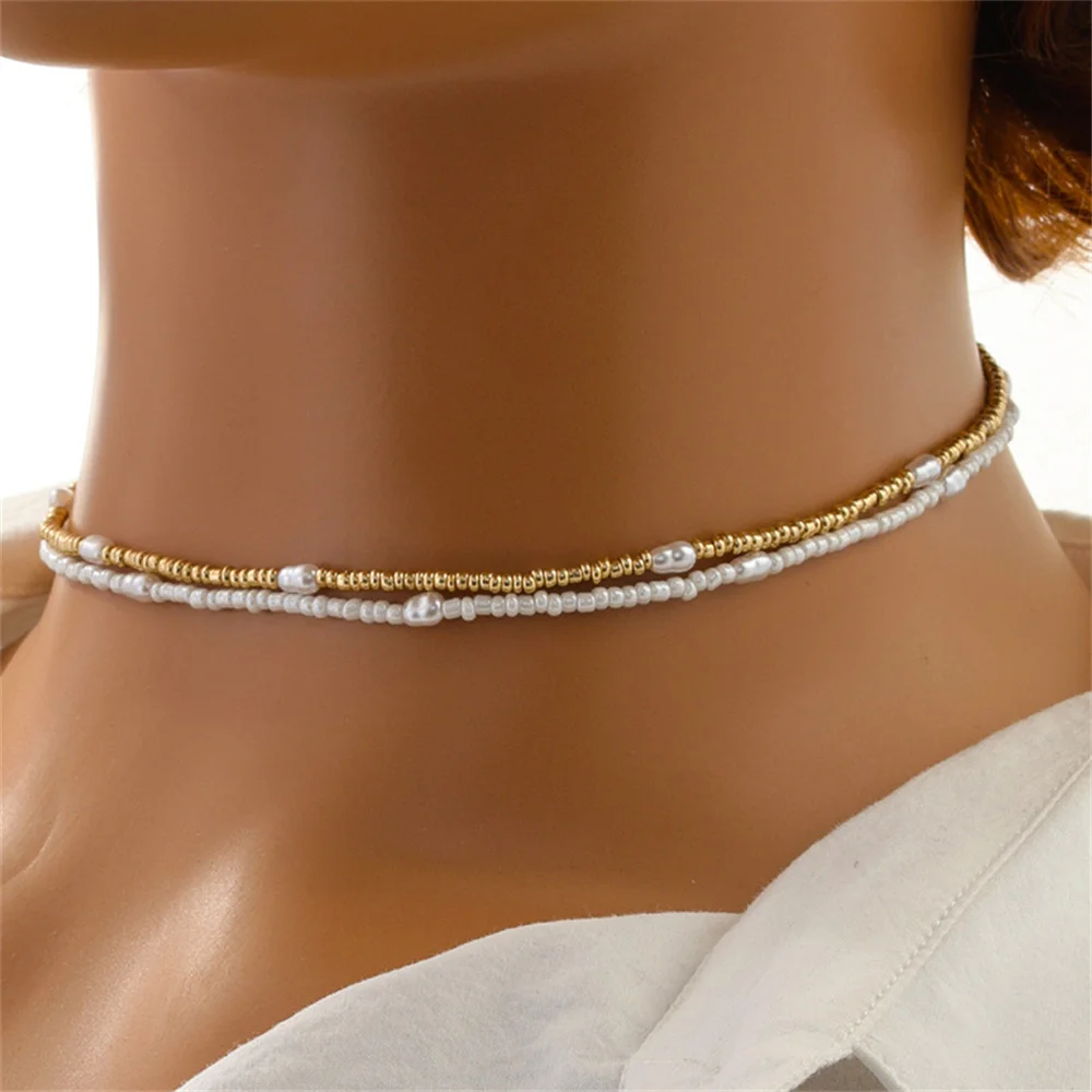 Nuevo collar de 2 piezas con cuentas de semillas, collar de varias capas con cuentas de colores mixtos, lindo collar hecho a mano, joyería sencilla para vacaciones de verano para chicas.