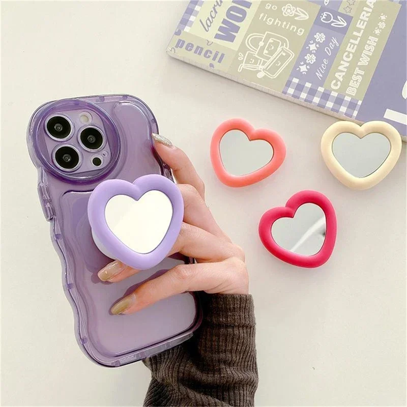 Ins Korean Cute Love Heart Mirror Lazy Griptok Bracket for IPhone 16 Pro Silicone Phone Holder Ring Support Stand Grip Tok Gift