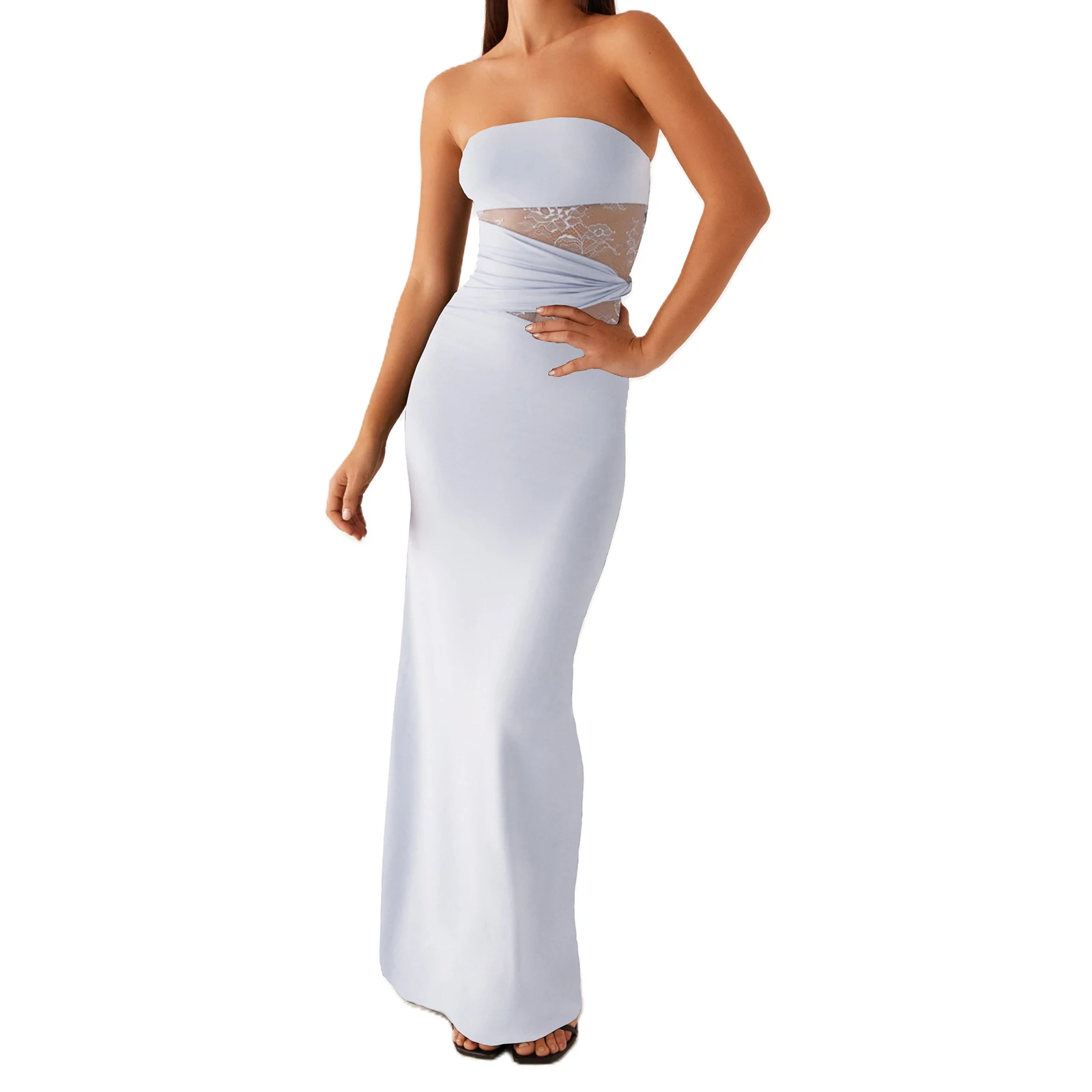 Sommer Langes Röhrenkleid Damen Transparente Spitze Patchwork Ärmelloses Trägerloses Rückenfreies, Figurbetontes Knöchellanges Kleid