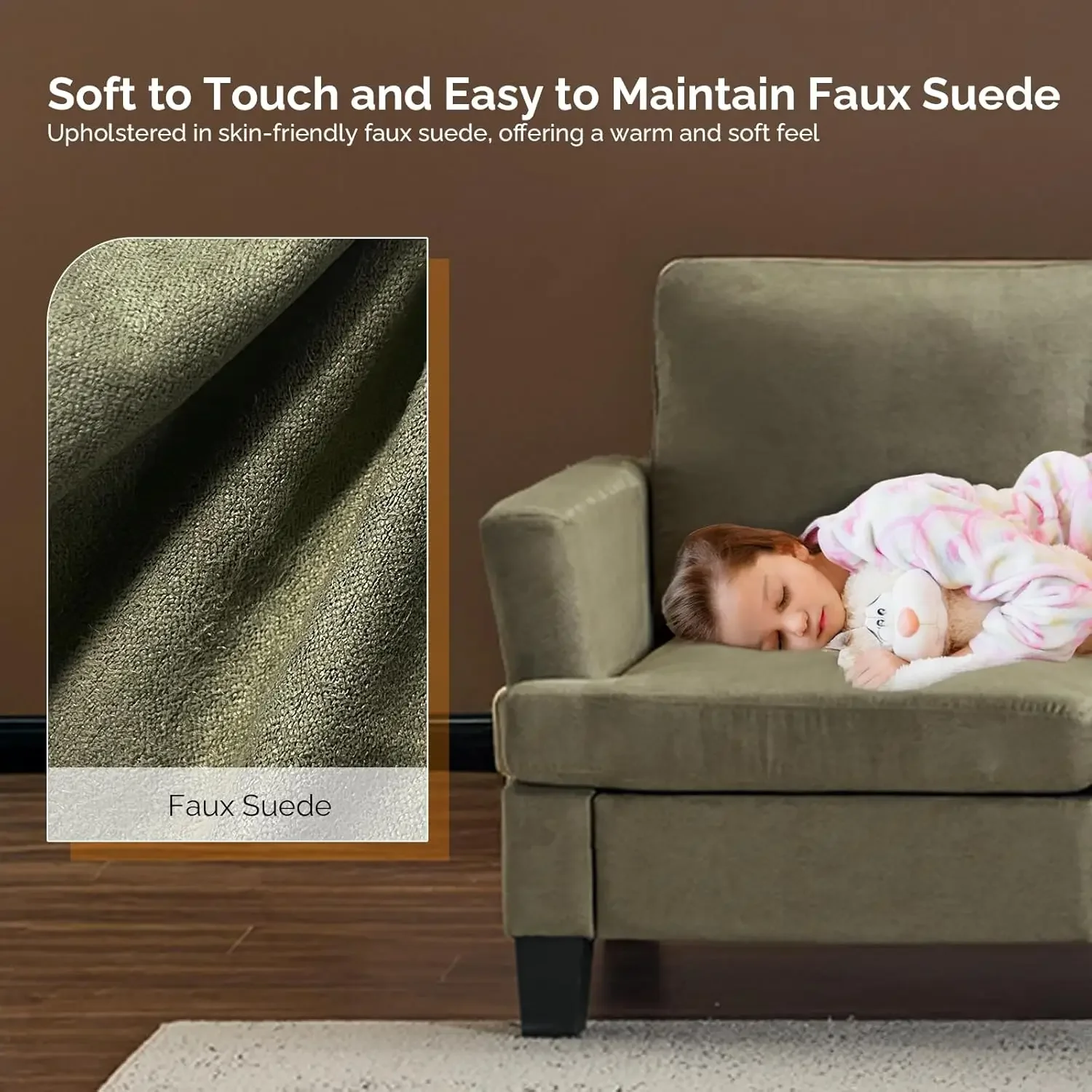 أرائك أريكة مقاس 83 بوصة لغرفة المعيشة، أريكة حديثة مريحة مكونة من 3 مقاعد من جلد الغزال الصناعي مقاس 25.6 بوصة أرائك مريحة للمساحة الصغيرة