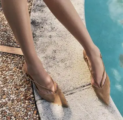 

French Ladies Brown Suede Pointed Toe 5 CM Strange Heels Slingback Summer Sandals Women Fashion High Heel Hollow Sandals Shoes