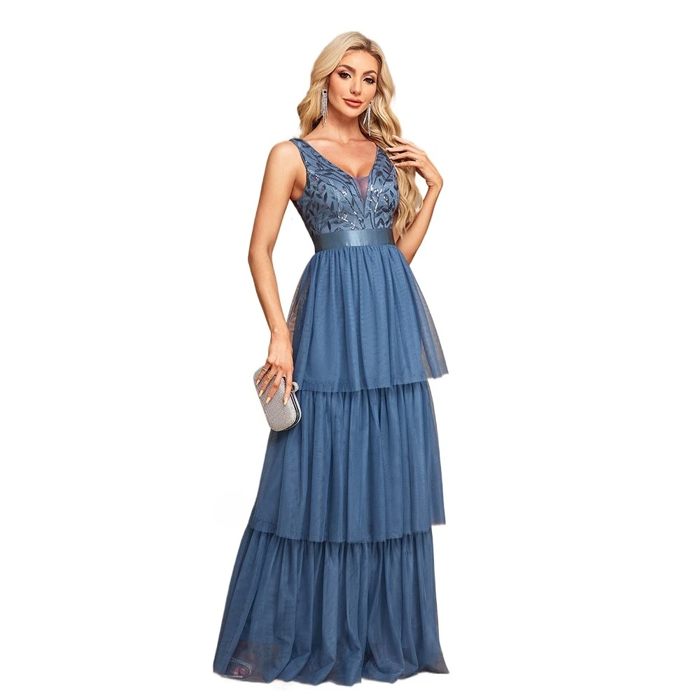 Sexy duplo decote em V sem mangas lantejoulas camadas longo vestido de noite formal azul