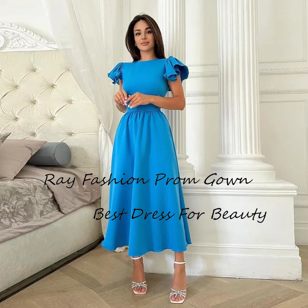 

Ray Fashion A Line Evening Dress Boat Neck With Short Sleeves Tiered Tea Length For Formal Occasion فساتين سهرة Saudi Arabia