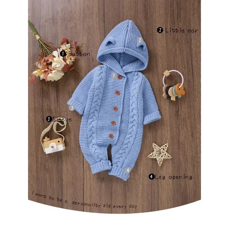 Overalls One Piece Baby Rompers with Hood Long Sleeve Knitted Autumn Winter Infant Unisex Newborn Boys Girls Jumpsuits Playsuits