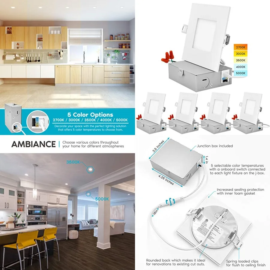 4 Inch Ultra Thin Square LED Recessed Lighting, 5 Color Temperature Options 2700K - 5000K, Dimmable Downlight, 10W, IC Rated, W
