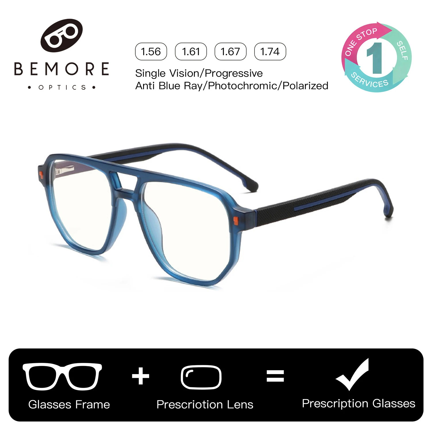 

BEMORE Pilot Acetate Prescription Eyewear Photochromic Anti Blue Light Progressive Glasses Man Optical Eyeglasses