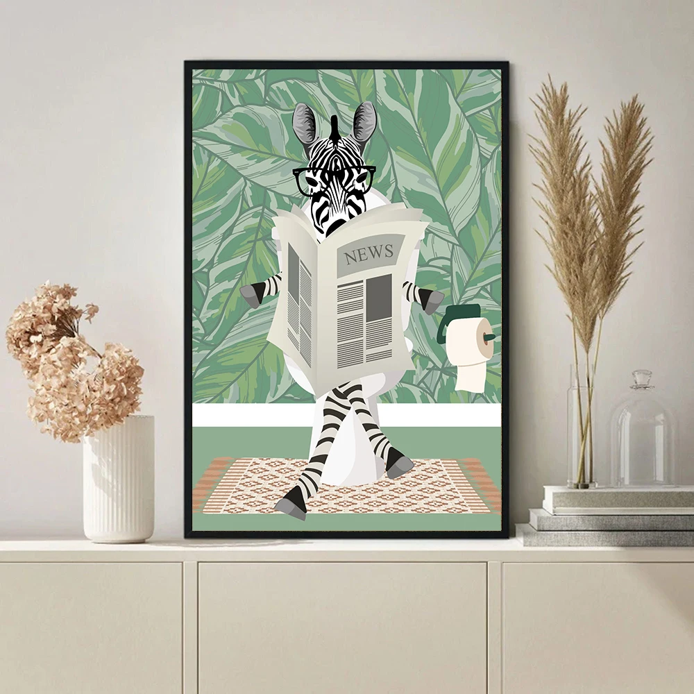 Zebra in Bathtub Botanical Poster Jungle Reading Newspaper Animal Wall Art Canvas Painitng Tropical Bathroom Safari Green Decor