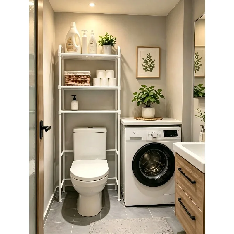 [Over The Toilet Storage Cabinet] No Drill 3-Tier Over Toilet Bathroom Organizer Metal Thickened PP Storage Rack Rustproof Space Saver For Small Bathroom Apartment Laundry Holds Towels Toiletries Black White 1pc