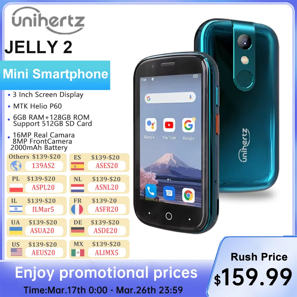 Unihertz Jelly 2 Mini-telefoonzak Android 11 Helio P60 Octa Core 4G LTE Dual-SIM ontgrendelde smartphone 6 GB + 128 GB NFC-mobiel