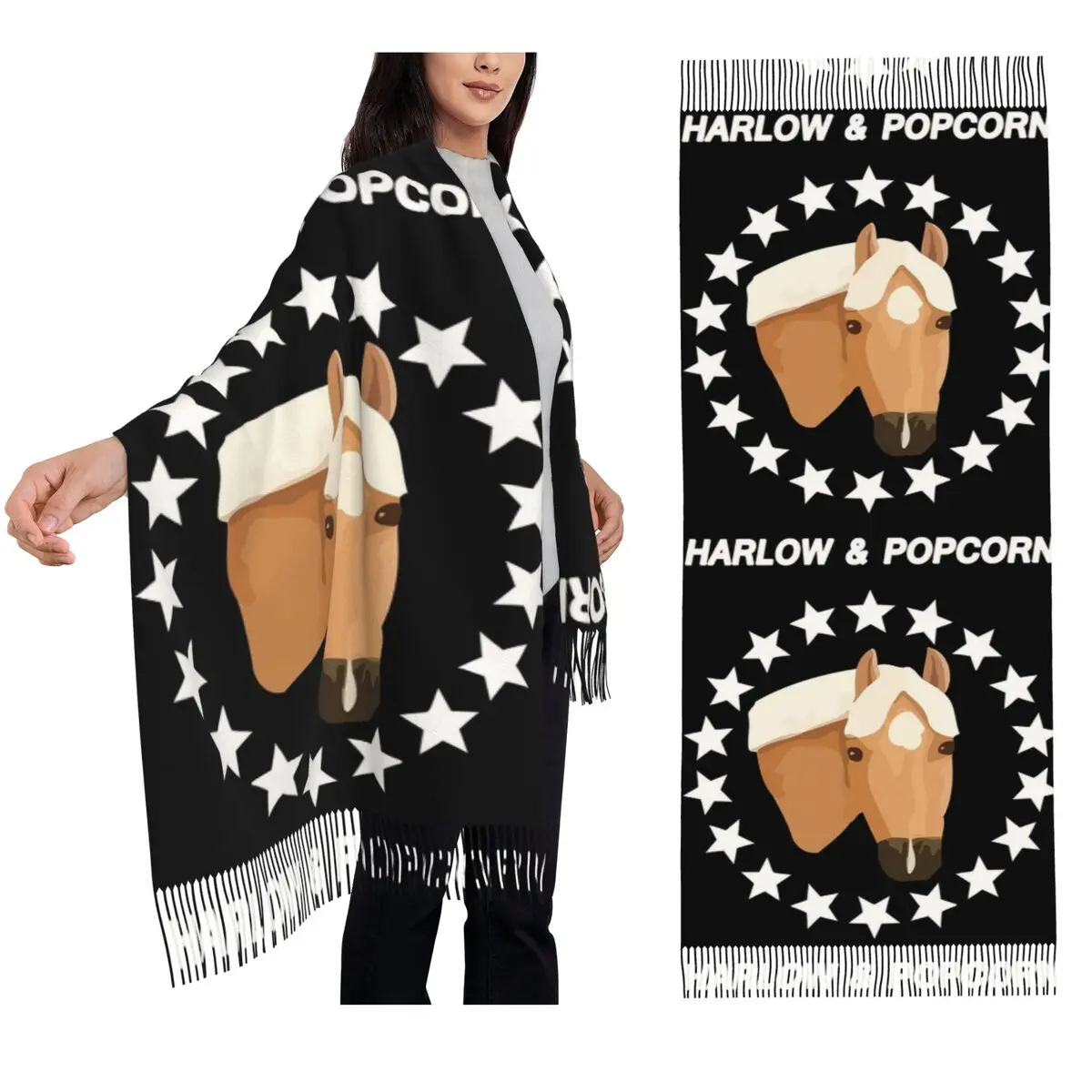 

Harlow And Popcorn Merch Popcorn The Pony Шарф Шарфы с кисточками Женские мягкие теплые шали и накидки Длинная осенне-зимняя шаль