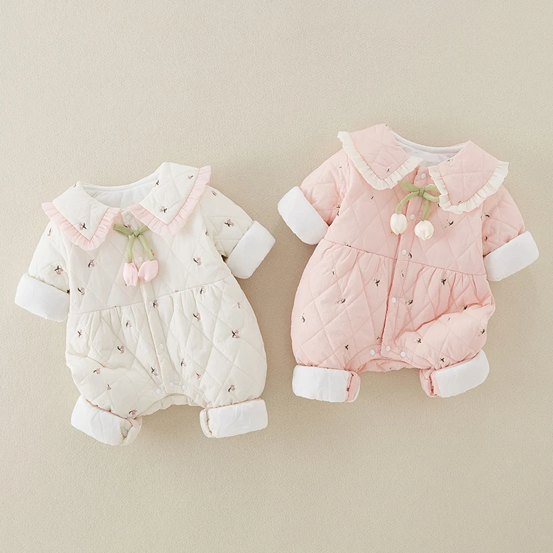 ชุดเด็กทารก Thiened สำหรับฤดูใบไม้ร่วงและฤดูหนาว ชุดผ้าฝ้ายอุ่นๆ สำหรับเด็กผู้หญิง ชุดคลุมเด็กแรกเกิด