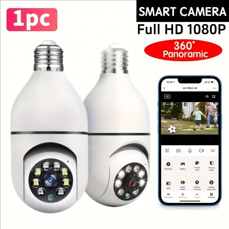 Caméra de surveillance extérieure E27 avec vision nocturne automatique couleur, détection de mouvement intérieure, zoom et Wi-Fi