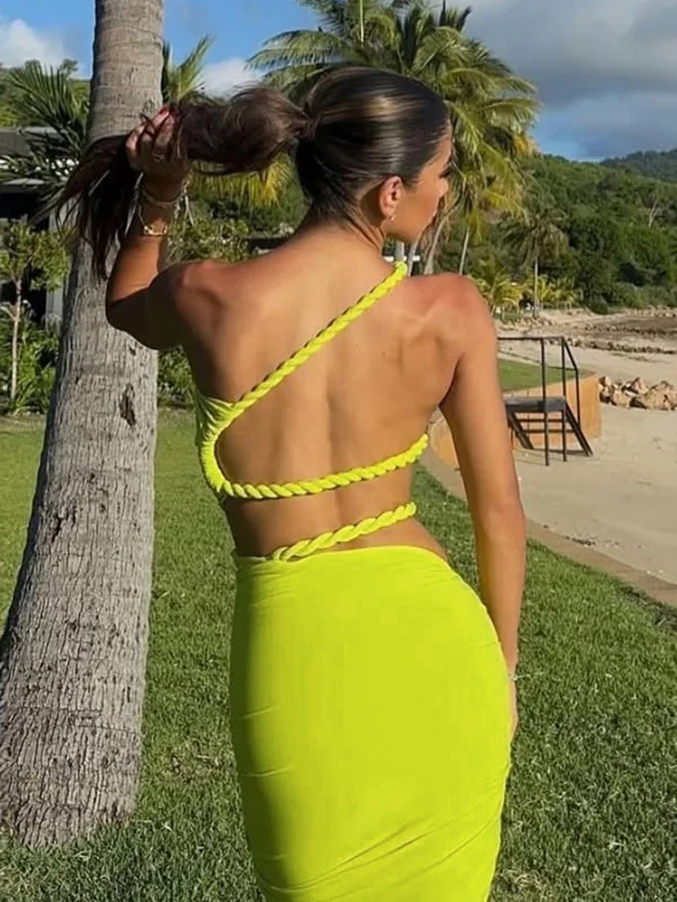 

Woven Strap Women Matching 2 Piece Set Sexy Holiday Outfits Incline Shoulder Crop Tanks+Slash Waist Maxi Skirt Trend Suits